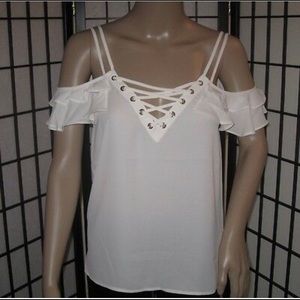 IVORY RUFFLE LACE UP COLD SHOULDER CAMI BLOUSE